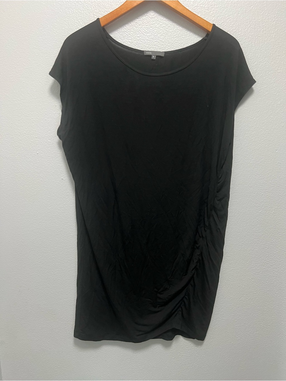 Vince Black Draped Ruched Short Sleeve Dress Size S